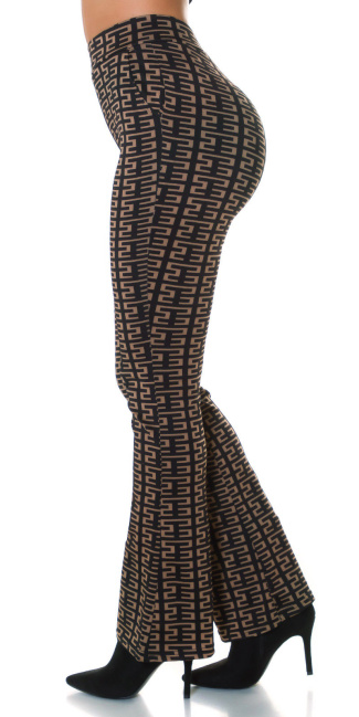 hoge taille flared broek met print zwartbruin